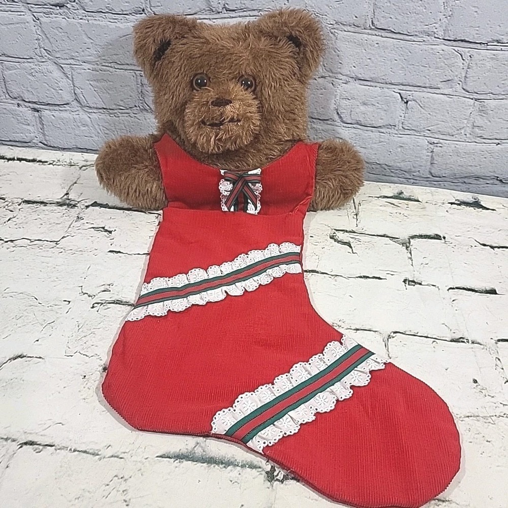 Vintage Teddy Bear Christmas Stocking Red Corduroy Classic Traditional